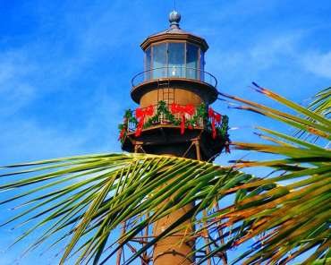 A light house with a palm tree.