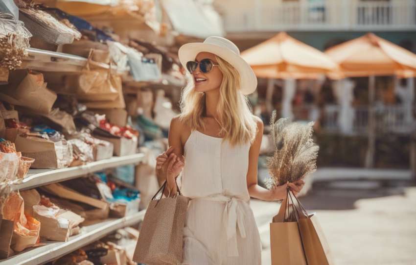 A woman in a white dress and hat is walking through a market with shopping bags.